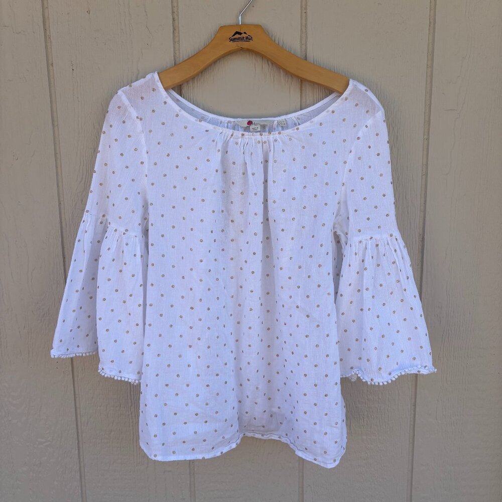 Boden Tilda Glitter Top Womens 10 White Gold Dots Fluted Sleeve Lace Boho Spring - Picture 2 of 11